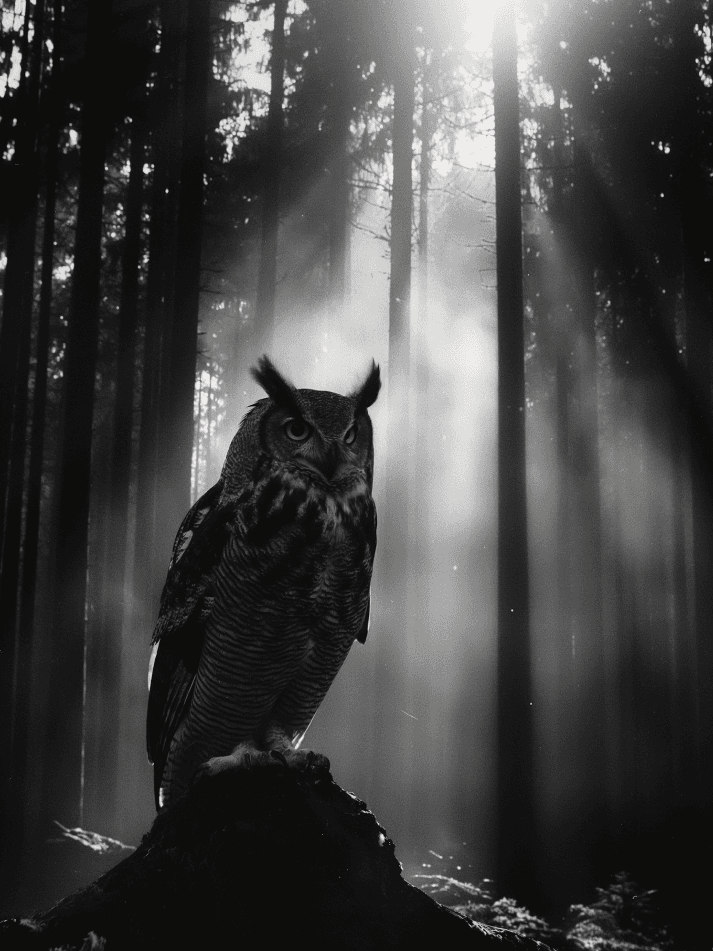 Owl in misty forest